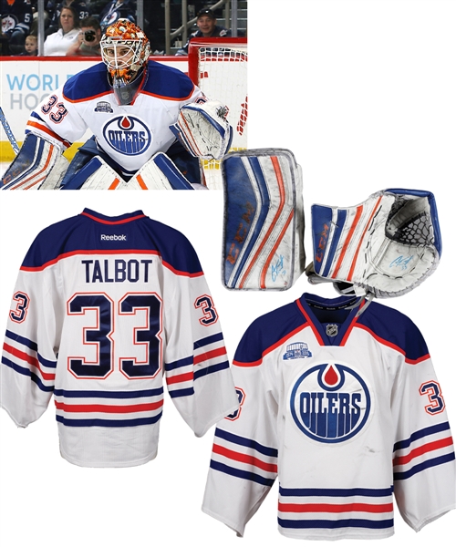 Cam Talbots 2015-16 Edmonton Oilers Game-Worn Jersey with LOA (Rexall Place Farewell Season Patch) and Signed CCM Game-Used Glove and Blocker - All Pieces Photo-Matched!