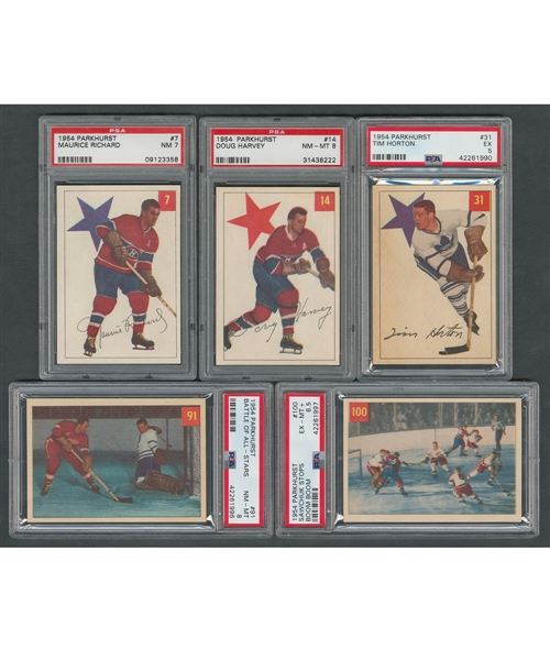 1954-55 Parkhurst Hockey Complete 100-Card Set and Album with PSA-Graded Cards (10) Including Stars