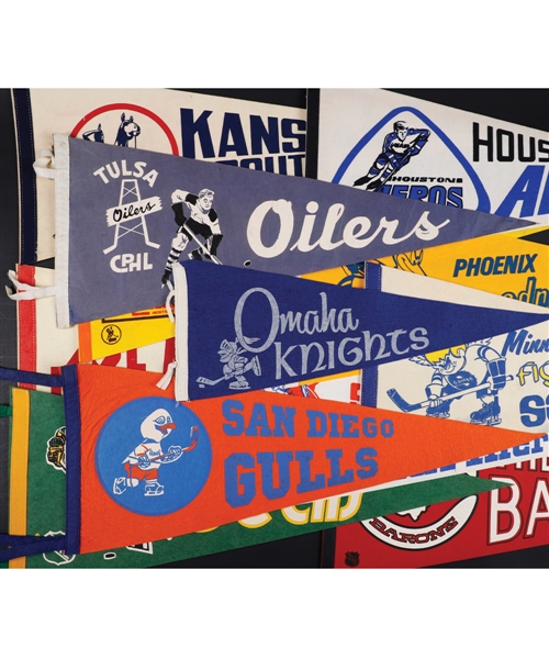 Vintage NHL, WHA and Other Leagues Hockey Pennant Collection of 15 Including Early San Diego Gulls, Omaha Knights and Tulsa Oilers Examples