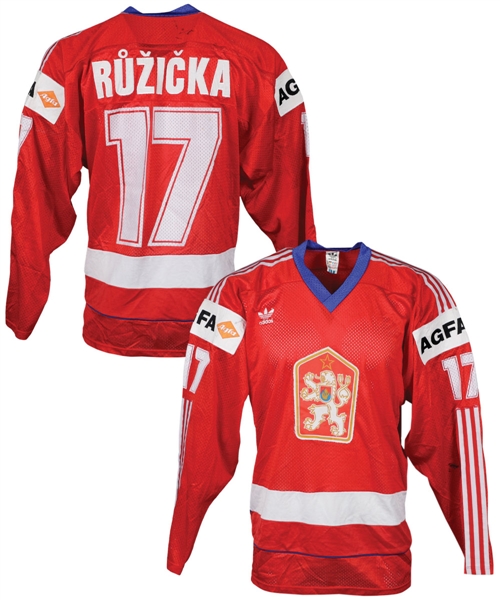 Vladimir Ruzickas Mid-1980s IIHF World Championships Team Czechoslovakia Game-Worn Jersey from Ray Bourques Collection with His Signed LOA