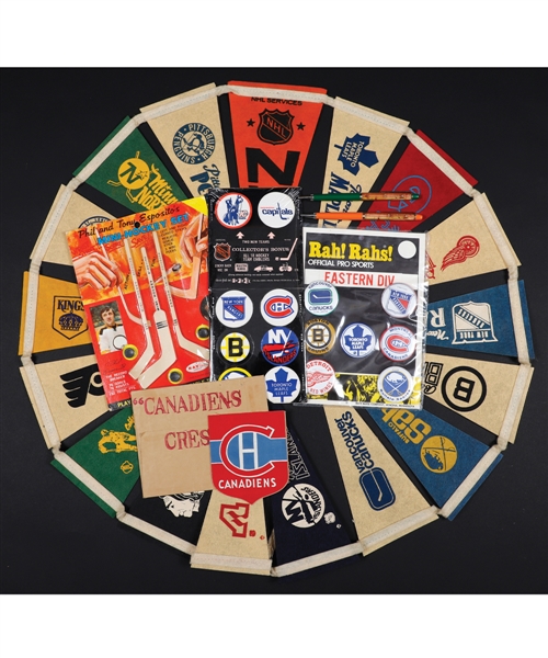 Vintage Hockey Premiums and Memorabilia Collection Including Montreal Canadiens Bee Hive 1934-43 Premium NHL Team Shield / Crest, 1973-74 Wheaties Pennant Set and Much More!