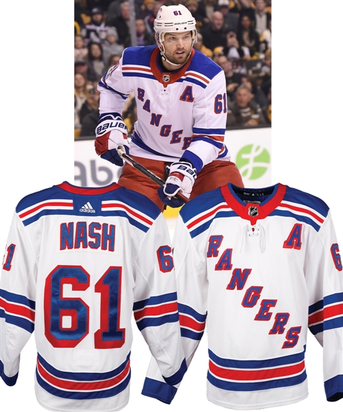 Rick Nashs 2017-18 New York Rangers Game-Worn Alternate Captains Away Jersey with LOA - Photo-Matched!
