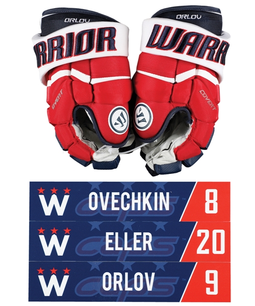 Ovechkins, Ellers and Orlovs March 20th 2018 Washington Capitals Stadium Series-Style Locker Room Nameplates and Dmitry Orlovs 2017-18 Warrior Game-Used Gloves - All with Team LOAs
