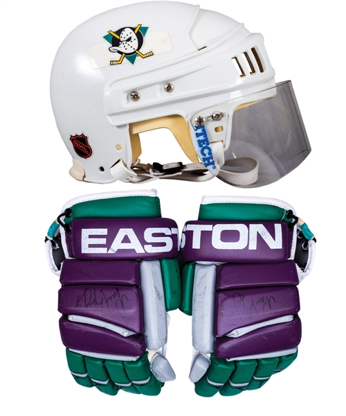 Paul Kariyas Anaheim Might Ducks Late-1990s CCM Game-Worn Helmet and Early-2000s Signed Easton Game-Used Gloves with LOA