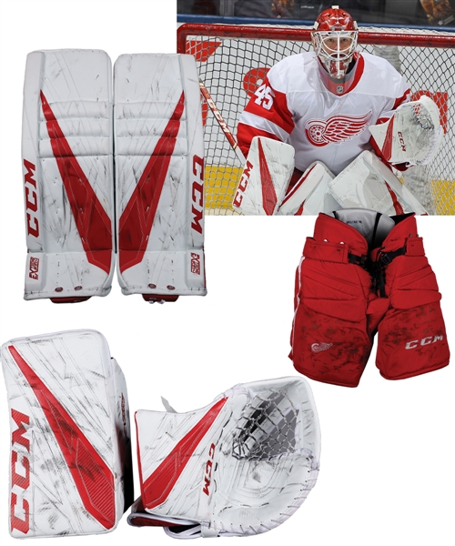Jonathan Berniers 2018-19 Detroit Red Wings Signed CCM Game-Worn Pads, Signed CCM Game-Used Glove & Blocker and Signed CCM Game-Worn Photo-Matched Pants with His Signed LOA