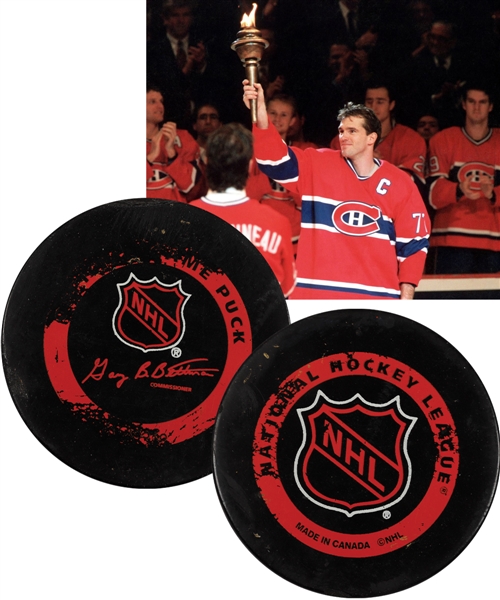 March 11th 1996 Last NHL Game Puck Used at the Montreal Forum from Guy Carbonneaus Collection with His Signed LOA