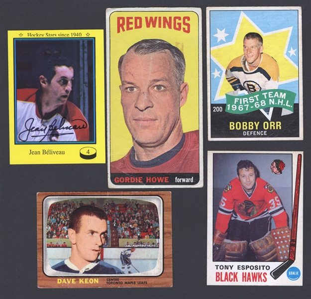 1964-65 to 1971-72 O-Pee-Chee and Topps Hockey Cards (7) Including Howe, Orr, Tony Esposito Rookie Cards (2) and Jean Beliveau Signed Card