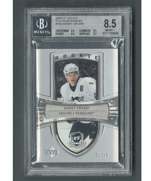 2005-06 Upper Deck "The Cup" Hockey Card #180 Sidney Crosby Platinum Rookies "02/25" Beckett-Graded NM-MT+ 8.5