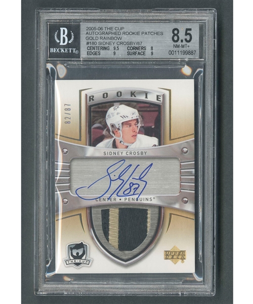 2005-06 Upper Deck "The Cup" Hockey Card #180 Sidney Crosby Autograph Rookie Patch Gold Rainbow "82/87" Beckett-Graded NM-MT+ 8.5