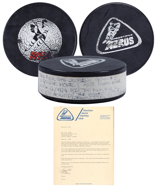 Gordie Howes March 17th 1974 WHA Houston Aeros Goal Puck with Great Provenance - Scored Game-Winning Goal!