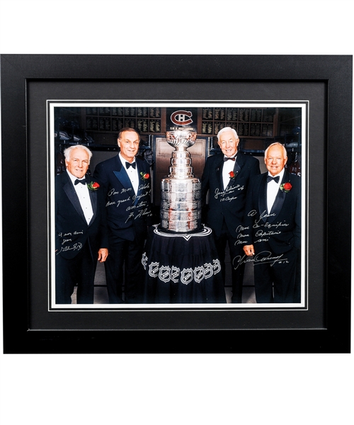 Jean Beliveau, Henri Richard, Guy Lafleur and Yvan Cournoyer Multi-Signed Framed Photo with Annotations from Jean Beliveaus Personal Collection with Family LOA (23 1/2" x 27 1/2")  