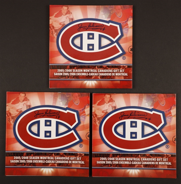 Jean Beliveaus Signed 2005-06 Montreal Canadiens Royal Canadian Mint Gift Sets (3) from His Personal Collection with Family LOA
