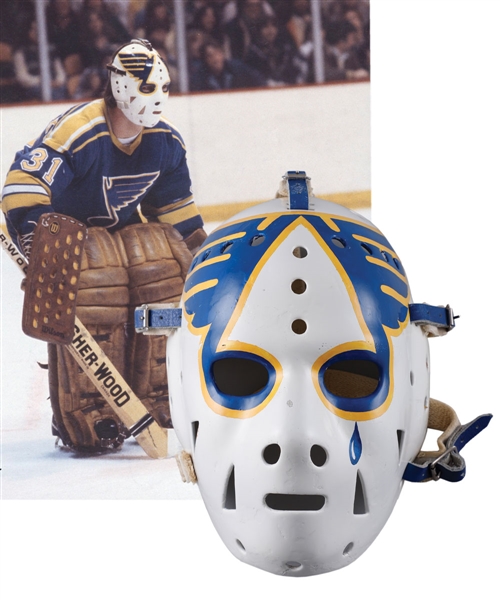 Ed Staniowskis Mid-1970s to Early-1980s St. Louis Blues and Winnipeg Jets Signed Game-Worn Greg Harrison Fiberglass Goalie Mask with Staniowski and Harrison Letters