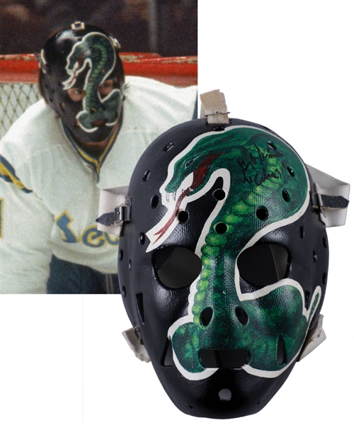 Gary Simmons Mid-to-Late-1970s California Seals, Cleveland Barons and Los Angeles Kings Signed Game-Worn Greg Harrison "Cobra" Fiberglass Goalie Mask with Harrison Letter - Photo-Matched!
