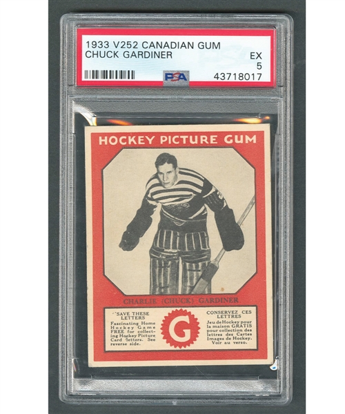 1933-34 Canadian Gum V252 Hockey Card HOFer Charlie "Chuck" Gardiner RC - Graded PSA 5