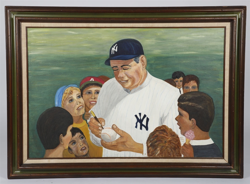 Vintage 1975 New York Yankees Babe Ruth (Signing a Baseball) Framed Painting