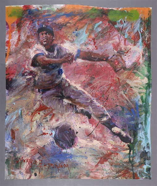 Attractive Jackie Robinson Brooklyn Dodgers “Determination” Original Painting on Canvas by Renowned Artist Murray Henderson (19” x 23”)