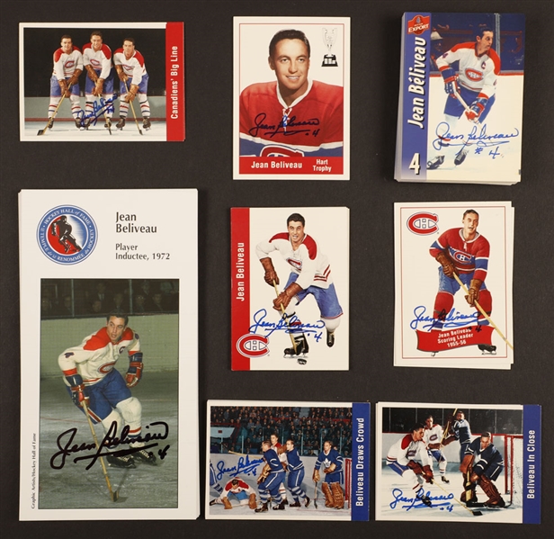 Jean Beliveaus Signed Hockey Hall of Fame Postcards (25) and Hockey Cards (62) from His Personal Collection with Family LOA