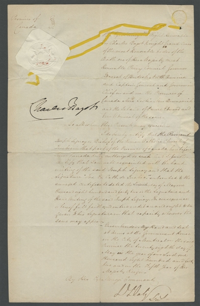 First Governor General of the Province of Canada Sir Charles Bagot Signed 1842 Document