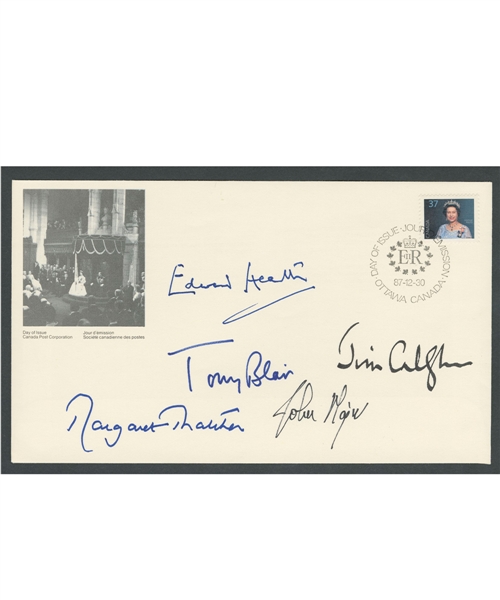 Queen Elizabeth II 1987 First Day Cover Signed by 5 Former British Prime Ministers; Heath, Callaghan, Thatcher, Major and Blair