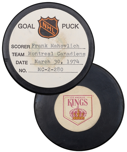Frank Mahovlichs Montreal Canadiens March 30th 1974 Goal Puck from the NHL Goal Puck Program - 26th Goal of Season / Career Goal #528 of 533 - Assisted by Lafleur
