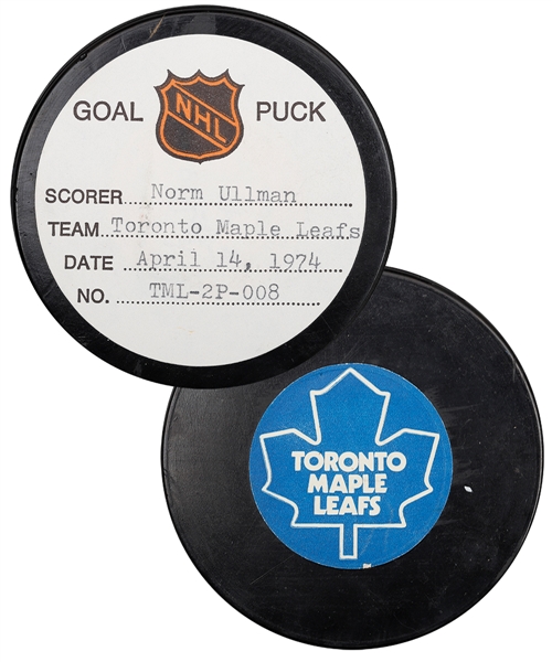Norm Ullmans Toronto Maple Leafs April 14th 1974 Playoff Goal Puck from the NHL Goal Puck Program - 1st Playoff Goal of Season / Career Playoff Goal #30 - Last Playoff Goal of Career for Ullman