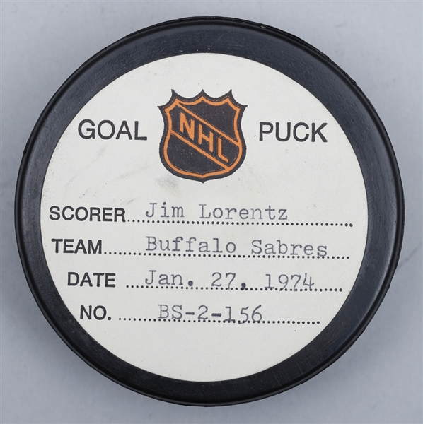 Jim Lorentzs Buffalo Sabres January 27th 1974 Goal Puck from the NHL Goal Puck Program - 20th Goal of Season / Career Goal #84 of 161
