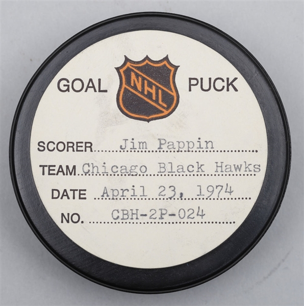 Jim Pappins Chicago Black Hawks April 23rd 1974 Playoff Goal Puck from the NHL Goal Puck Program - 3rd Playoff Goal of Season / Career Playoff Goal #33 - Game-Winning Overtime Goal