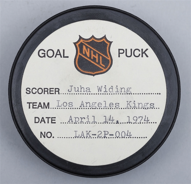 Juda Widings Los Angeles Kings April 14th 1974 Playoff Goal Puck from the NHL Goal Puck Program - 1st and Only Playoff Goal of Career - Game-Winning Goal