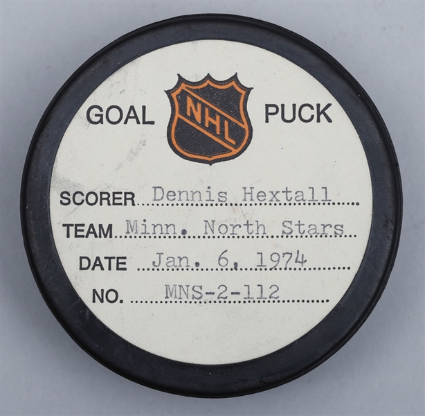 Dennis Hextalls Minnesota North Stars January 6th 1974 Goal Puck from the NHL Goal Puck Program - 9th Goal of Season / Career Goal #72 of 153
