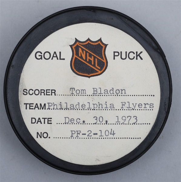 Tom Bladons Philadelphia Flyers December 30th 1973 Goal Puck from the NHL Goal Puck Program - 5th Goal of Season / Career Goal #16 of 73 - Game-Winning Goal