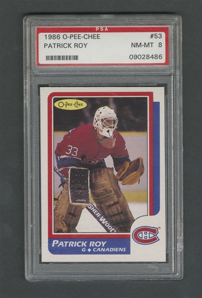 1986-87 O-Pee-Chee Hockey Card #53 HOFer Patrick Roy RC - Graded PSA 8