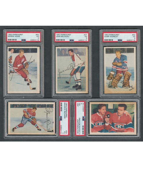 1953-54 Parkhurst Hockey Complete 100-Card Set with PSA-Graded Cards (8) Including #24 Richard (3 VG), #27 Beliveau RC (3 VG), #46 Sawchuk (4 VG-EX) and #50 Howe (3 VG)