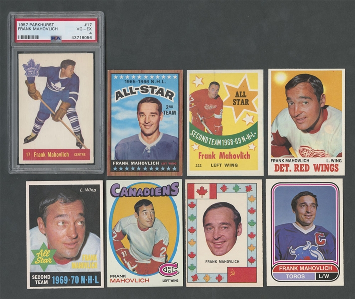 1957-58 Parkhurst Hockey Card #17 HOFer Frank Mahovlich RC (Graded PSA 4) Plus 1966-67 to 1975-76 Topps and O-Pee-Chee Cards (7)