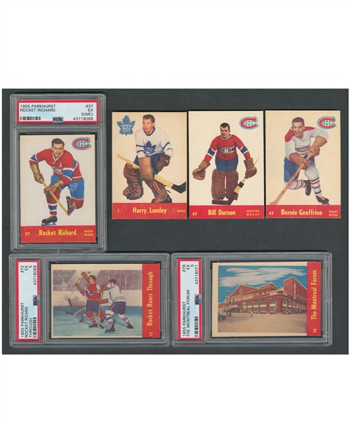 1955-56 Parkhurst Hockey Cards (29) Including PSA-Graded (EX 5) Cards #37 Richard, #72 Rocket Roars Through and #78 The Montreal Forum Plus 1955-56 Quaker Oats Cards (11)