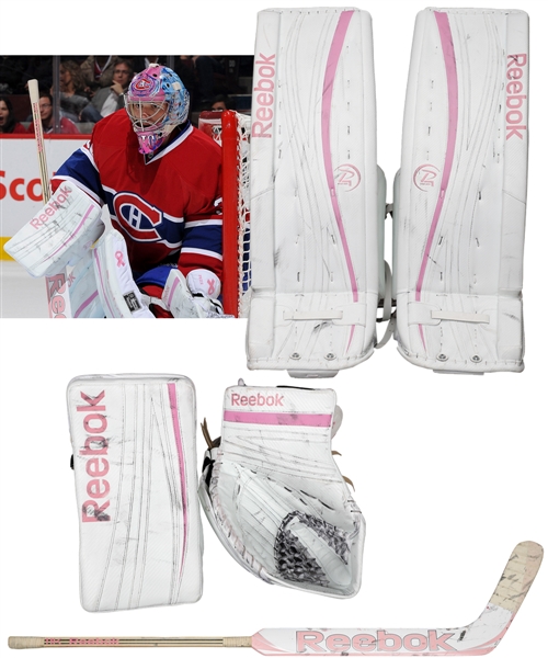 Carey Prices 2011-12 Montreal Canadiens Hockey Fights Cancer Reebok Game-Worn Pads, Glove, Blocker and Stick - All Photo-Matched!