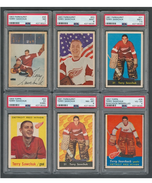 1953-54 to 1969-70 HOFer Terry Sawchuk Parkhurst, Topps and O-Pee-Chee PSA-Graded Cards (10) Plus 1954-55 to 1970-71 O-Pee-Chee and Topps Ungraded Cards/Premiums (11)