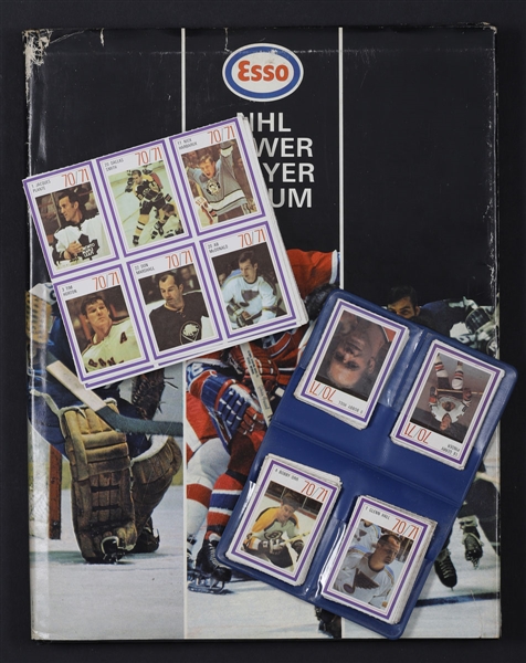 1970-71 Esso Hockey Stamps Collection Including 71 Uncut Sheets of 6 Stamps Each (426 Stamps), Complete Set in Album, Order Form, Original Ads and More!