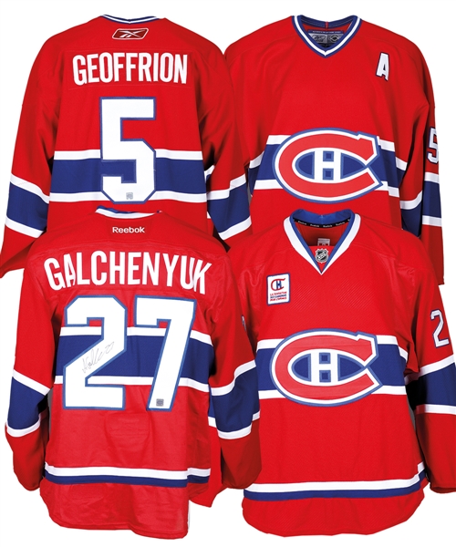 Galchenyuks 2012-13 Montreal Canadiens "Childrens Foundation" Warm-Up Jersey, Murrays 2005-06 "Geoffrion Jersey Night" Warm-Up Jersey and Byrons 2017-18 "Military Night" Signed Warm-Up Jersey