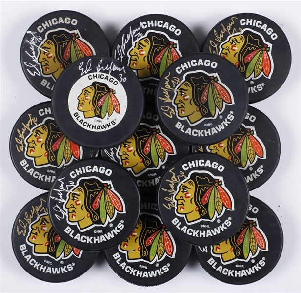 Ed Belfours Signed Chicago Black Hawks Puck Collection of 43 with His Signed LOA