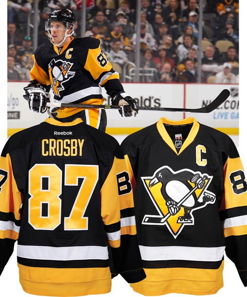 Sidney Crosbys 2014-15 Pittsburgh Penguins Game-Worn Captains Third Jersey with Team COA and JerseyTRAK LOA - Photo-Matched to 8 Games Including 800th NHL Career Milestone Point Game!