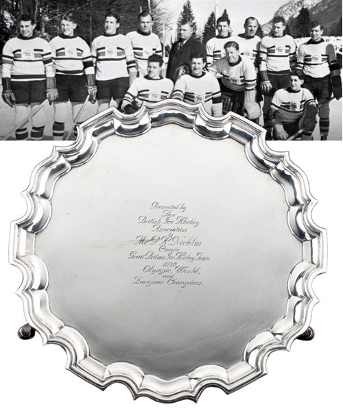 Percy Nicklins 1936 Olympic, World and European Champions Sterling Silver Tray Presented by the British Ice Hockey Association with Family LOA 