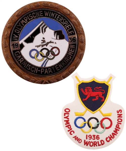 Percy Nicklins 1936 Winter Olympics Garmisch-Partenkirchen Participant Badge in Original Box with Family LOA Plus 1936 Olympic and World Champions BIHA Crest