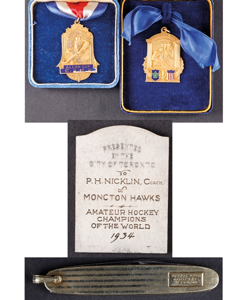 Percy Nicklins 1933-34 Moncton Hawks Allan Cup Championship Medal and Award Collection of 4 with Family LOA