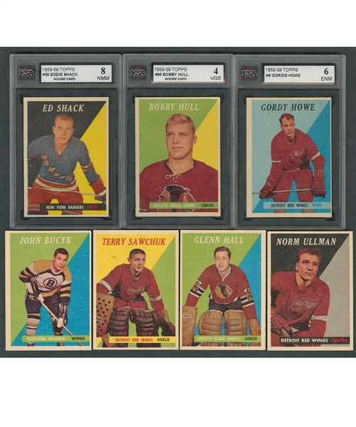 1958-59 Topps Hockey Complete 66-Card Set Including KSA-Graded Cards #8 HOFer Gordie Howe (6 ENM), #30 Eddie Shack RC (8 NMM) and #66 HOFer Bobby Hull RC (4 VGE)