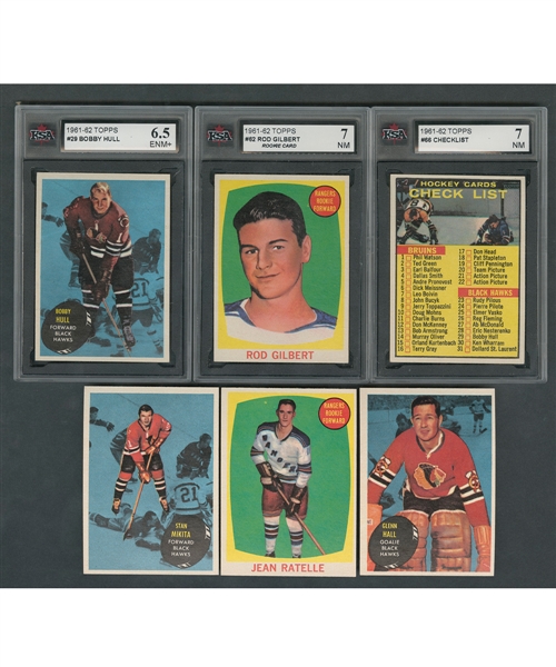 1961-62 Topps Hockey Complete 66-Card Set Including KSA-Graded Cards #29 HOFer Bobby Hull (6.5 ENM+), #62 HOFer Rod Gilbert RC (7 NM) and #66 Checklist (7 NM)