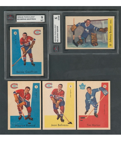 1959-60 Parkhurst Hockey Complete 50-Card Set Including KSA-Graded Card #32 HOFer Johnny Bower (6 ENM) and #33 HOFer Bernie Geoffrion (9 MT)