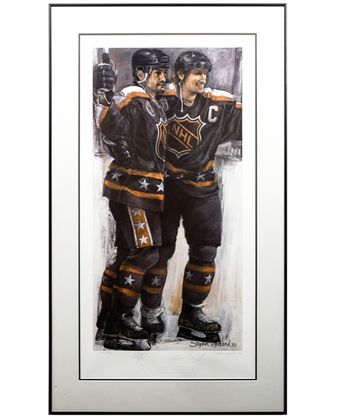 Wayne Gretzky and Paul Coffey Dual-Signed 1993 NHL All-Star Game Limited-Edition Framed Lithograph #487/999 by Stephen Holland with COA (23" x 40") 