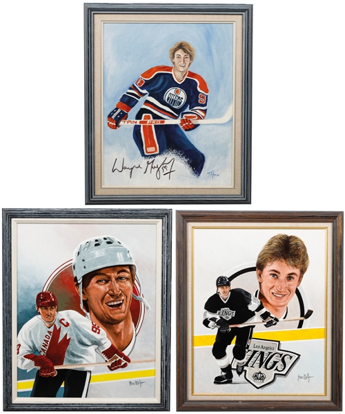 Wayne Gretzky Edmonton Oilers, Team Canada and Los Angeles Kings Framed Painting Collection of 3
