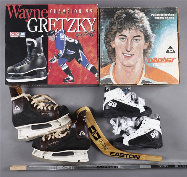 Wayne Gretzky Endorsed Equipment Collection Including Numerous Hockey Skates Pairs (Including 3 Pairs in Boxes), LA Gears Running Shoes (2 Pairs in Boxes), Roller Blades, Sticks and More!